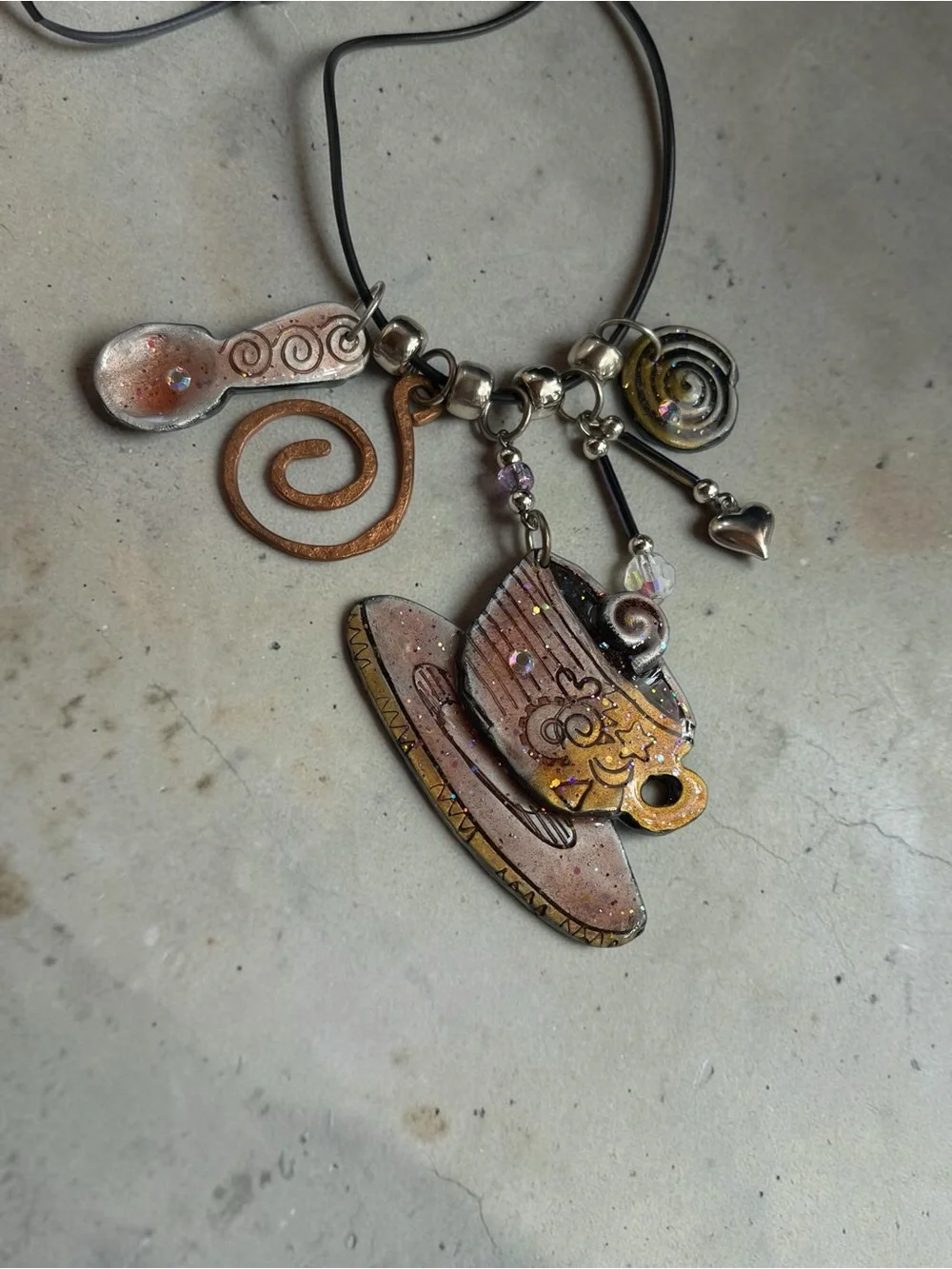 Signed Nanette Mixed Media Sculptural Art Pendants on Leather Cord Necklace